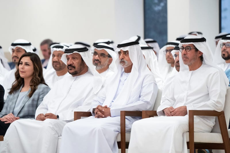ABU DHABI, UNITED ARAB EMIRATES - May 27, 2019: (R-L) HH Sheikh Rashid bin Hamdan bin Mohamed Al Nahyan, HH Sheikh Nahyan bin Mubarak Al Nahyan, UAE Minister of State for Tolerance and HH Sheikh Saeed bin Mohamed Al Nahyan, attend a lecture by Professor Nina Tandon, CEO and Co-founder of EpiBone (not shown), titled: 'Cellular Ateliers: Regenerative Medicine and the Body Shop of the Future ', at Majlis Mohamed bin Zayed.

( Rashed Al Mansoori / Ministry of Presidential Affairs )
---