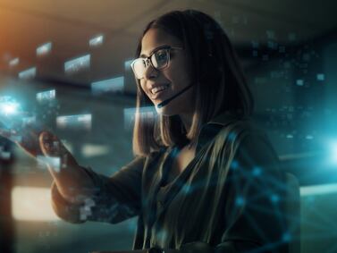 Creative businesswoman, hologram and digital transformation or icons at night in double exposure. Female employee working with big data, research or networking for future innovation in online startup