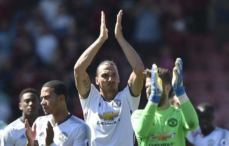 Manchester United’s Zlatan Ibrahimovic applauds fans after the Premier League match against AFC Bournemouth at Vitality Stadium on August 14, 2016 in Bournemouth, England. Hannah McKay / Reuters