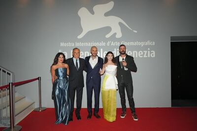 Director Mohamed Diab, centre, with cast Ali Suliman, Tara Abboud and Saba Mubarak at the world premiere of 'Amira' in Venice. Photo: Mad Solutions