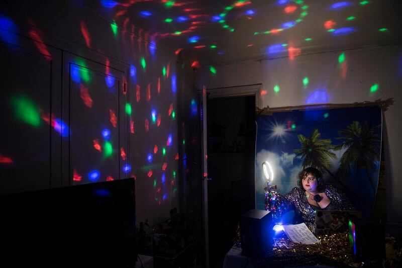 French DJ and activist Leslie Barbara Butch plays a set during L'Appart Chez Moi live-stream party while being confined at home during a national lockdown, in Paris, France.  EPA