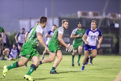 DUBAI, UNITED ARAB EMIRATES. 19 October 2017. West Asia Premiership - Jebel Ali Dragons (Blue) vs Dubai Sports City Eagles (Green). (Photo: Antonie Robertson/The National) Journalist: Paul Radley. Section: Sport.