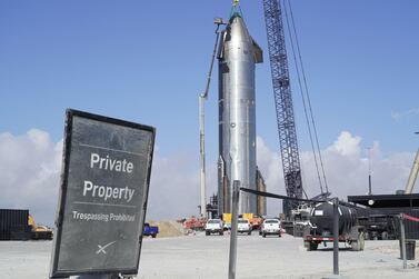 A private property warns people to avoid entering SpaceX's launchpad next to Boca Chica Beach. Willy Lowry / The National