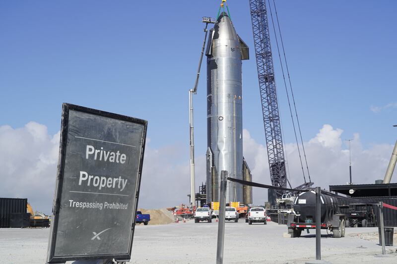 A sign warns passers-by against entering the area around SpaceX's launchpad.