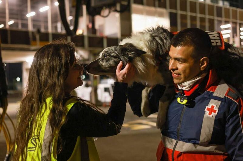 A rescue dog and handler meet a member of ground staff at Shannon Airport in County Clare, Ireland, on a stopover before travelling on to Adana in southern Turkey. Photo: Ministry of Foreign Affairs of Mexico / Twitter