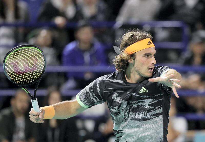 Abu Dhabi, United Arab Emirates - Reporter: Jon Turner: Stefanos Tsitsipas plays a shot during the final between Rafael Nadal v Stefanos Tsitsipas at the Mubadala World Tennis Championship. Saturday, December 21st, 2019. Zayed Sports City, Abu Dhabi. Chris Whiteoak / The National