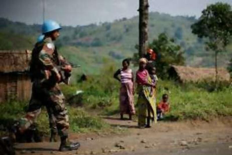 KIMOKA, DEMOCRATIC REPUBLIC OF CONGO - August 13, 2008: United Nations Peace Keepers patrol the buffer zone in Kimoka, which seperates the CNDP rebels and the Government Military known as FARDC. There are approximately 17 000 UN peace keepers working in the Congo the majority of which are positioned in Eastern Congo. ( Ryan Carter / The National ) *** Local Caption ***  RC019-UNcongo.JPG