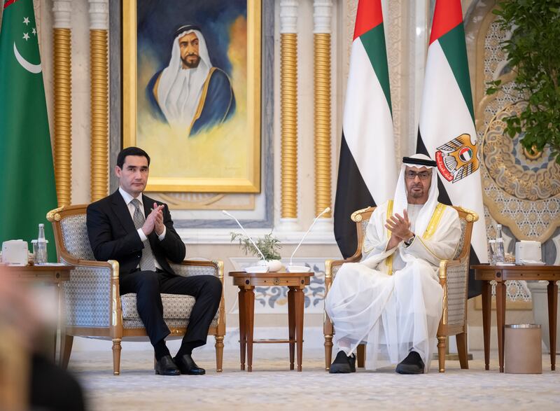 Sheikh Mohamed underlined the UAE's commitment to building 'strong and effective international partnerships' after holding talks with Mr Berdimuhamedow. Photo: UAE Presidential Court