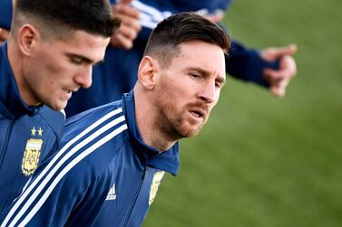 Argentina's forward Lionel Messi and teammates attend a training session at the Real Madrid's training facilities of Valdebebas in Madrid on March 18, 2019, ahead of the international friendly match between Argentina and Venezuela in preparation for the Copa America, to be held in Brazil on June and July 2019.. / AFP / GABRIEL BOUYS