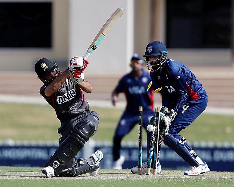 Dubai, March, 16, 2019: C P Rizwan of UAE was clean bowled by Walsh Jr of USA during the T20 match at the ICC Academy in Dubai. Satish Kumar/ For the National / Story by Paul Radley