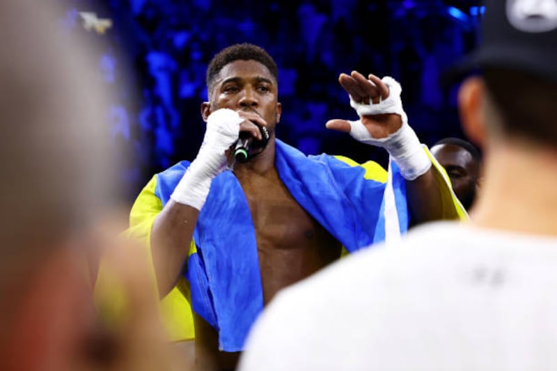Anthony Joshua speaks to the crowd following his defeat against Oleksandr Usyk in Jeddah. Getty