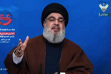 Hezbollah's al-Manar TV shows Hezbollah Secretary-General Sayeed Hassan Nasrallah as he delivers a speech on 8 March 2019. EPA