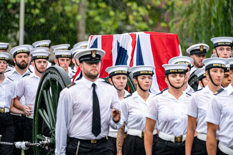 Royal Navy personnel take part in rehearsals for Queen Elizabeth II's funeral at HMS Collingwood, Fareham. PA