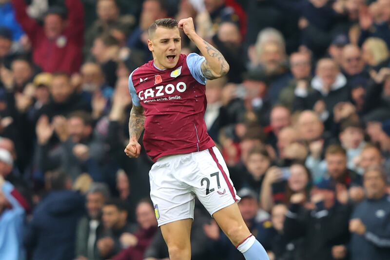 Lucas Digne of Aston Villa celebrates after scoring their second goal. Getty