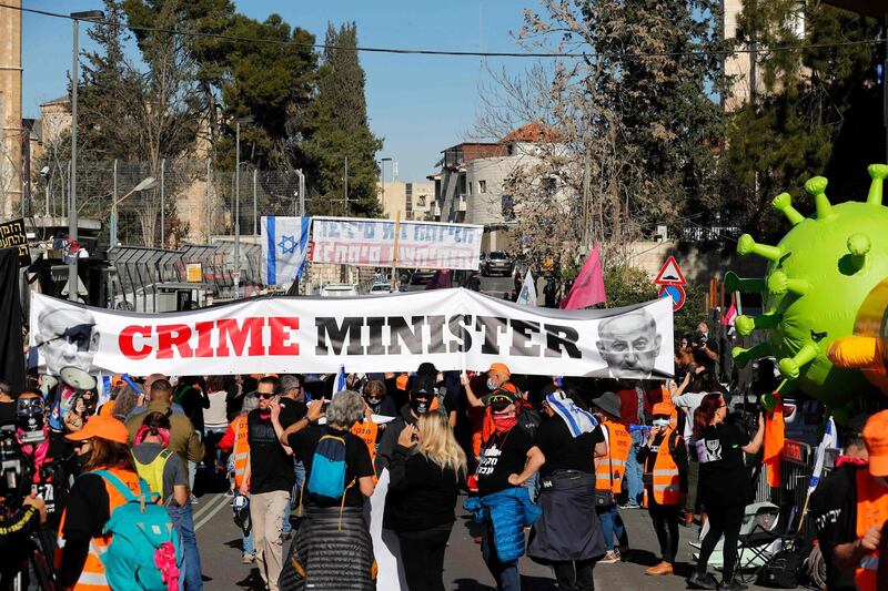 Israelis demonstrate outside the court as Prime Minister Benjamin Netanyahu's corruption trial resumes in occupied east Jerusalem. AFP