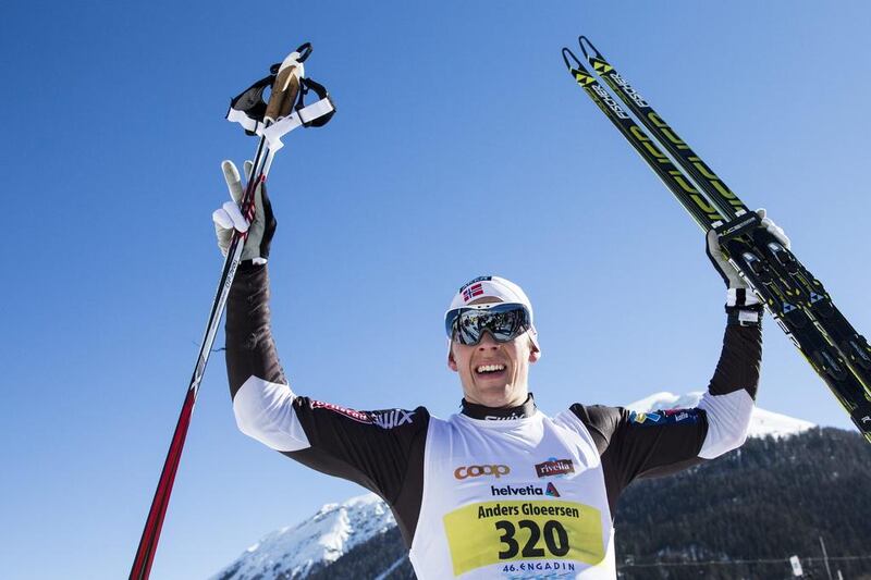Anders Gloersen of Norway celebrates after winning the Engadin cross country Skimarathon on Sunday. Nicola Pitaro / EPA / March 9, 2014