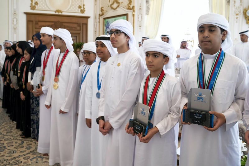 ABU DHABI, UNITED ARAB EMIRATES - June 24, 2019: The UAE School students who won the second place in the World Championship of Artificial Intelligence and Robot Fix, which was held in Kentucky, USA, attend a Sea Palace barza.

( Hamad Al Kaabi  / Ministry of Presidential Affairs )
---