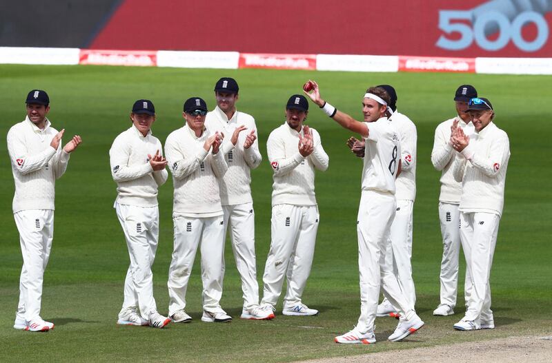 Stuart Broad of England celebrates after taking the wicket of Kraigg Brathwaite of West Indies for his 500th Test wicket during Day Five of the the Third Test at Old Trafford in Manchester on Tuesday. Getty