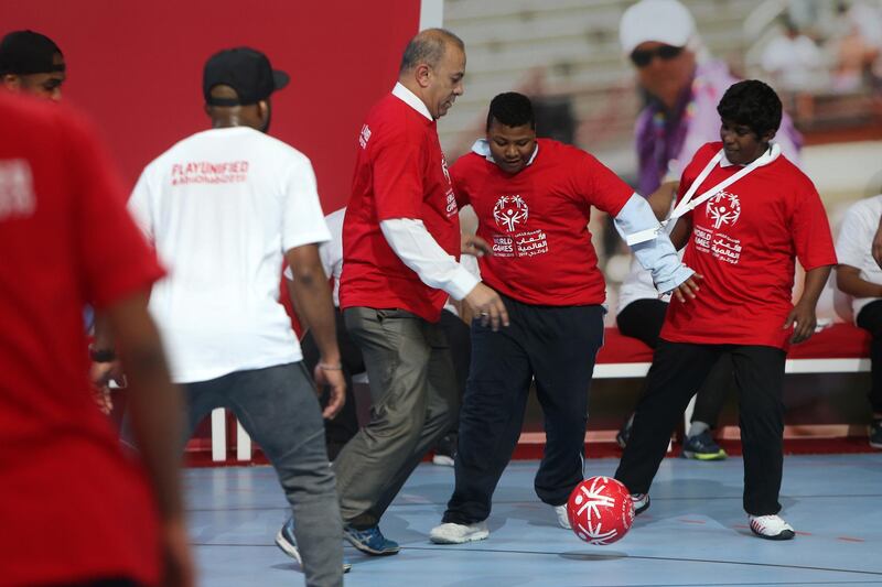 ABU DHABI, UNITED ARAB EMIRATES - - -  24 January 2017 --- Some volunteers and special needs participants play a fun game of football after a press conference on Tuesday, January 24, 2017, at the IPIC Arena to announce the plans for the Special Olympics World Games, which Abu Dhabi will host in 2019.    (  DELORES JOHNSON / The National  )  
ID: 28498
Reporter:  Melanie Swann
Section: NA *** Local Caption ***  DJ-240117-NA-Special Olympics-28498-026.jpg