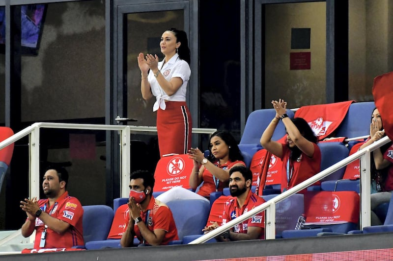 KXIP owner Priety Zinta cheers during match 38 of season 13 of the Dream 11 Indian Premier League (IPL) between the Kings XI Punjab and the Delhi Capitals held at the Dubai International Cricket Stadium, Dubai in the United Arab Emirates on the 20th October 2020.  Photo by: Samuel Rajkumar  / Sportzpics for BCCI