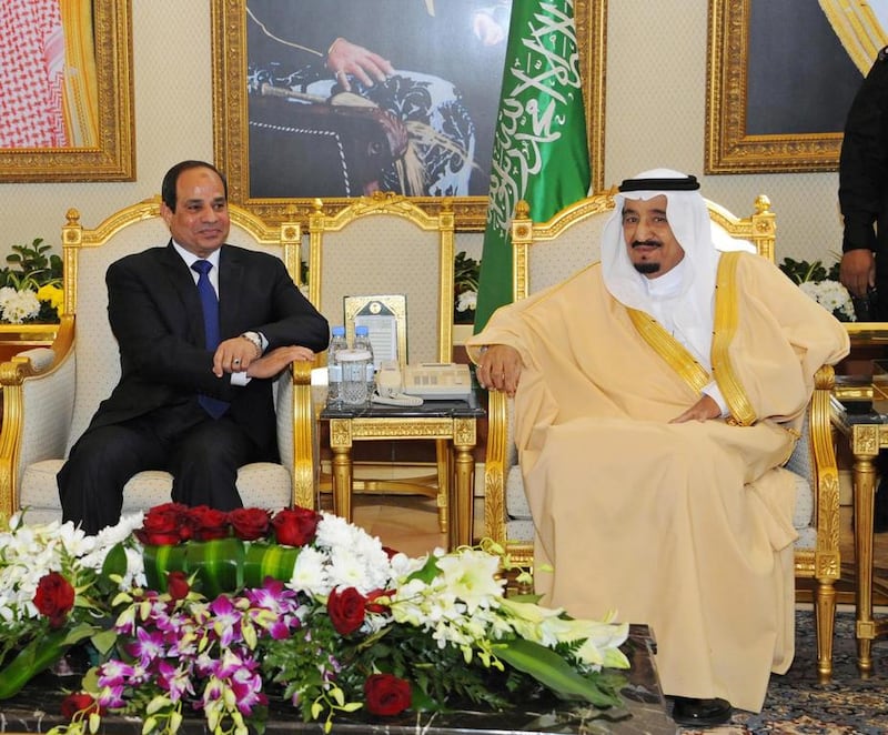 Egyptian president Abdel Fattah El Sisi, left, meets new Saudi King Salman bin Abdulaziz, right, in Riyadh on March 1, 2015. Handout from the office of the Egyptian president/EPA