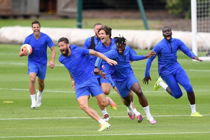 COBHAM, ENGLAND - JUNE 09: Olivier Giroud and Michy Batshuayi of Chelsea during a training session at Chelsea Training Ground on June 9, 2020 in Cobham, England. (Photo by Darren Walsh/Chelsea FC via Getty Images)