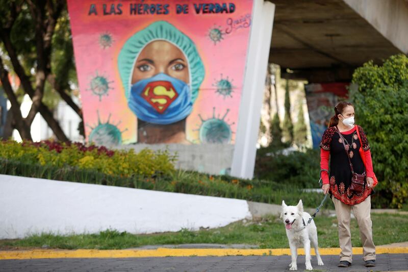 A woman and her dog are pictured in front a mural in honour to health workers as the coronavirus disease outbreak continues, in Mexico City, Mexico. Reuters