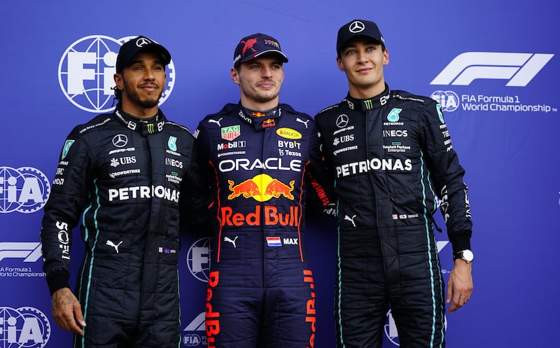 (L-R) Lewis Hamilton of Mercedes-AMG Petronas, Max Verstappen and George Russell after qualifying. EPA