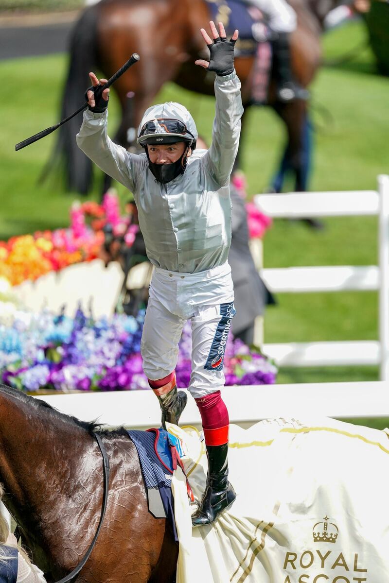 Frankie Dettori celebrates after riding Palace Pier to win the St James's Palace Stakes on day five of Royal Ascot 2020 on Saturday. Getty