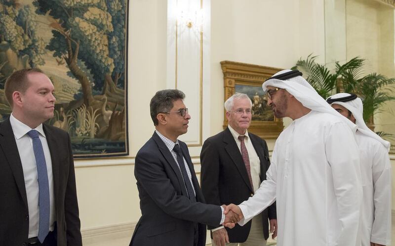 Sheikh Mohammed bin Zayed, Crown Prince of Abu Dhabi Deputy Supreme Commander of the Armed Forces, receives employees from Miral, during a sea Palace barza. Mohamed Al Hammadi / Crown Prince Court - Abu Dhabi