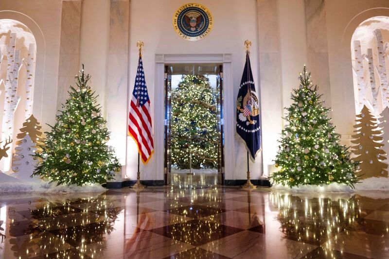 Christmas decorations on display in the Grand Foyer of the White House.  AFP