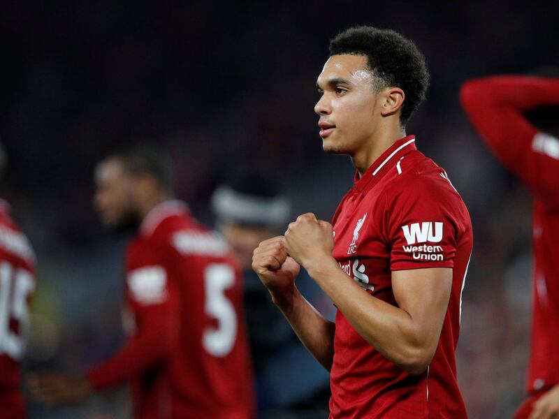 Soccer Football - Premier League - Liverpool v Everton - Anfield, Liverpool, Britain - December 2, 2018  Liverpool's Trent Alexander-Arnold celebrates at the end of the match   REUTERS/Phil Noble  EDITORIAL USE ONLY. No use with unauthorized audio, video, data, fixture lists, club/league logos or "live" services. Online in-match use limited to 75 images, no video emulation. No use in betting, games or single club/league/player publications.  Please contact your account representative for further details.
