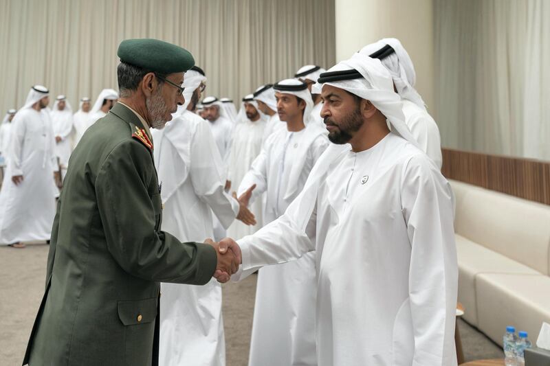 ABU DHABI, UNITED ARAB EMIRATES - October 02, 2019: HH Sheikh Hamdan bin Zayed Al Nahyan, Ruler’s Representative in Al Dhafra Region (R) and HE Lt General Hamad Thani Al Romaithi, Chief of Staff UAE Armed Forces (L), attend condolences of the late Suhail bin Mubarak Al Ketbi, at Al Mushrif Palace.

( Hamad Al Kaabi / Ministry of Presidential Affairs )​
---