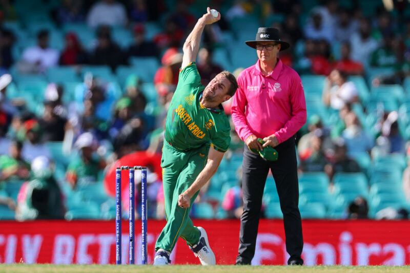 Anrich Nortje bowls during the T20 World Cup 2022 match between South Africa and Bangladesh. AFP