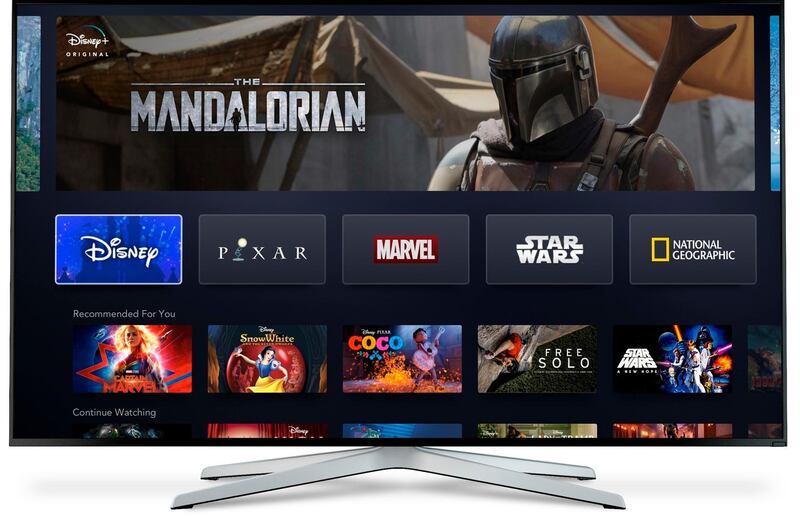 This image provided by Disney shows a product image of Disney Plus on a monitor. Walt Disney shares are rocketing to an all-time high in early trading, Friday, April 12, 2019,  after the company moved aggressively into the streaming arena. The Disney Plus video steaming is being released in tandem with a blockbuster lineup of films coming out this year, including Aladdin, Toy Story 4, The Lion King, Frozen 2 and Star Wars: Episode IX. (Disney via AP)