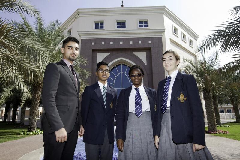 Repton School boarders, from left Ali Shabbir, 17, year 12, from Pakistan, Mashfik Quaderi, 15, year 10, from Bangladesh, Abi Adekoya, 14, year 10, from Nigeria and Gorgia Zavos, 14, year 10, from USA. Jaime Puebla / The National