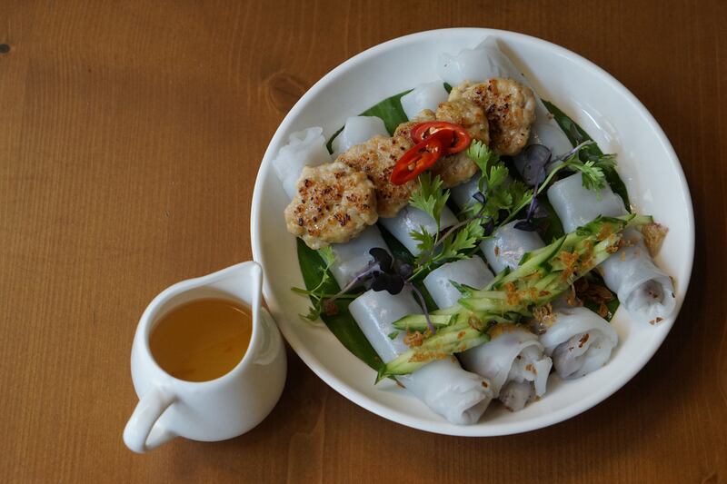 Steamed rice cakes with minced chicken in nuoc cham sauce is part of the folly & Friends menu by Vietnamese Foodies.