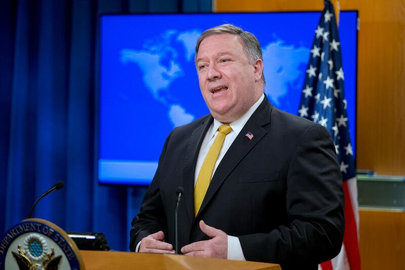 epa07066627 US Secretary of State Mike Pompeo speaks during a news conference at the State Department in Washington, DC, USA, 03 October 2018. Pompeo announced that the US is canceling a 1955 treaty with Iran on economic relations and consular rights.  EPA/MICHAEL REYNOLDS