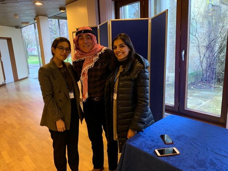 Cambridge University Emirati Society committee members: Dr Mejd Alsari (left) and Mira Al Hussein with Hugh Nicklin, chairman of the Trucial Oman Scouts Association