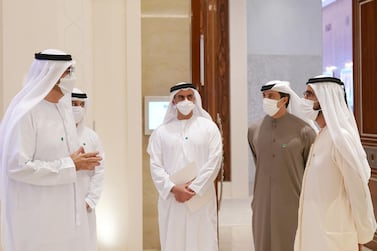 Sheikh Mohammed bin Rashid, Vice President and Ruler of Dubai, Sheikh Saif bin Zayed, Deputy Prime Minister and Minister of Interior, Sheikh Mansour bin Zayed, Deputy Prime Minister and Minister of Presidential Affairs, Ahmad Belhoul Al Falasi, Minister of State for Entrepreneurship and SMEs, with Dr Sultan Al Jaber, Minister of Industry and Advanced Technology and EDB's chairman, at the launch of EDB Strategy.