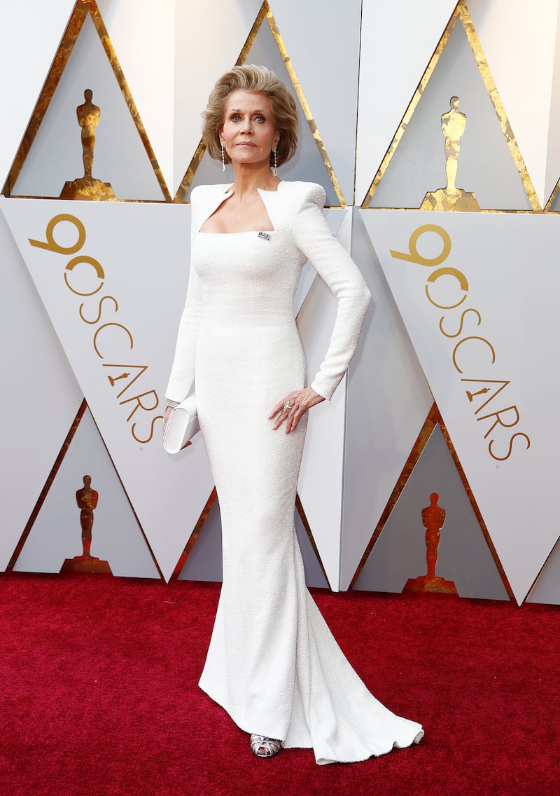 Jane Fonda, in white Balmain 44 Francois Premier, arrives for the 90th annual Academy Awards ceremony at the Dolby Theatre in Hollywood, California, on March 4, 2018