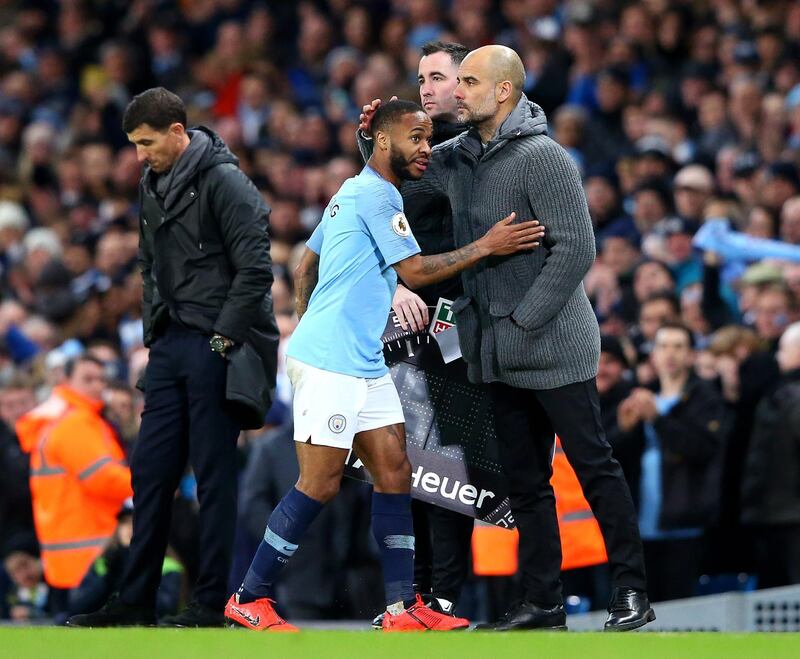 MANCHESTER, ENGLAND - MARCH 09: Raheem Sterling of Manchester City is congratulated by Josep Guardiola, Manager of Manchester City as he is substituted during the Premier League match between Manchester City and Watford FC at Etihad Stadium on March 09, 2019 in Manchester, United Kingdom. (Photo by Alex Livesey/Getty Images)