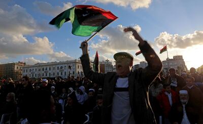 Libyan protesters shout slogans during a demonstration to demand an end to Khalifa Haftar's offensive against Tripoli, in Martyrs' Square in central Tripoli, Libya December 27, 2019. REUTERS/Ismail Zitouny