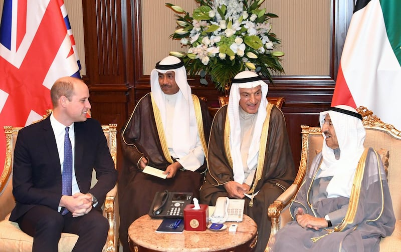 A photo provided by the Kuwaiti news agency KUNA on December 2, 2019 shows Prince William, the Duke of Cambridge (L), being received by Kuwait's Emir Sheikh Sabah al-Ahmad Al-Sabah in Kuwait City.  - === RESTRICTED TO EDITORIAL USE - MANDATORY CREDIT "AFP PHOTO / HO / KUNA" - NO MARKETING NO ADVERTISING CAMPAIGNS - DISTRIBUTED AS A SERVICE TO CLIENTS ===
 / AFP / KUNA / - / === RESTRICTED TO EDITORIAL USE - MANDATORY CREDIT "AFP PHOTO / HO / KUNA" - NO MARKETING NO ADVERTISING CAMPAIGNS - DISTRIBUTED AS A SERVICE TO CLIENTS ===
