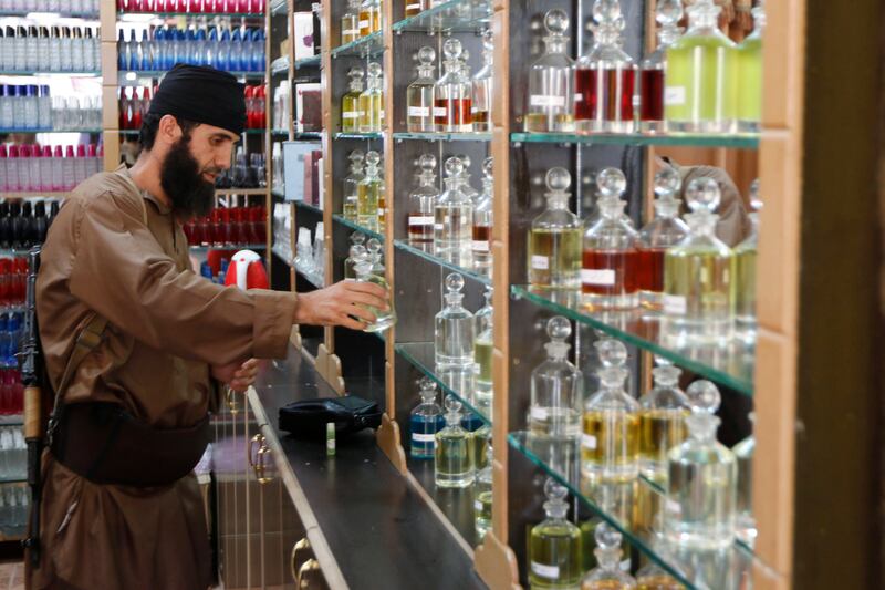 Shopping for perfume in Raqqa in September 2014.