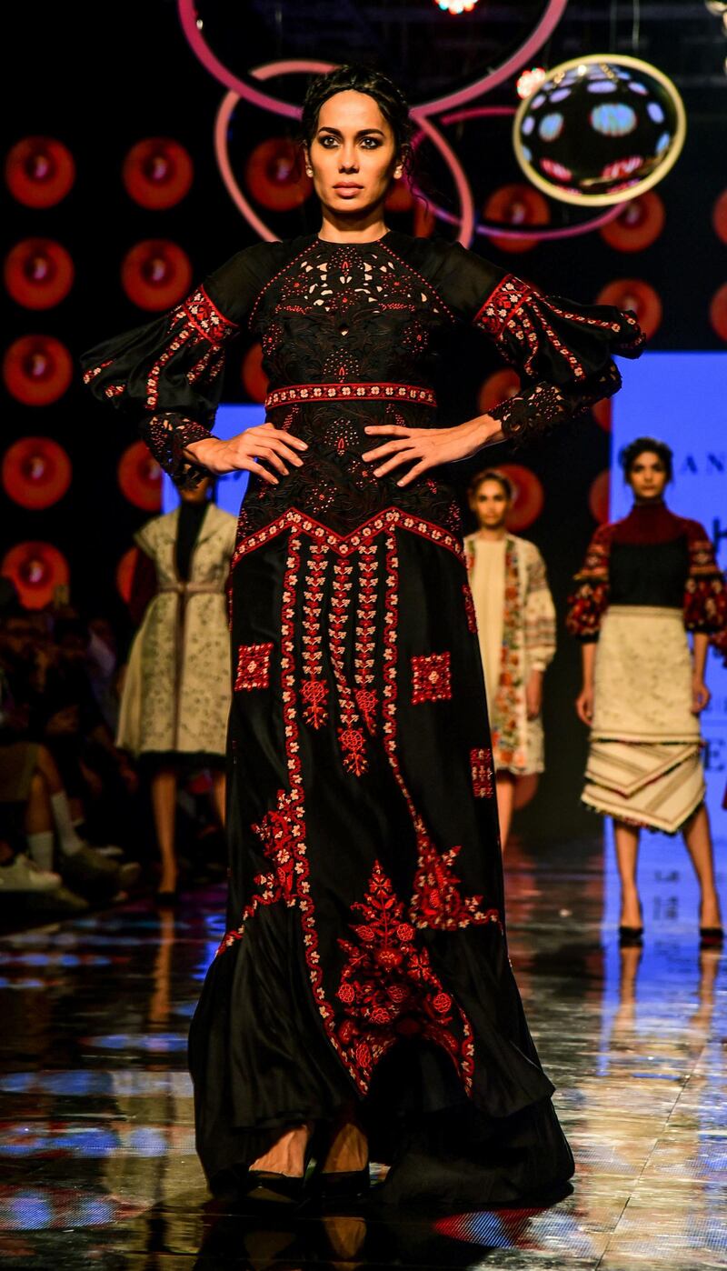 A model presents a creation by Chandrima during Lakme Fashion Week summer/resort 2020 in Mumbai, India, on February 12, 2020. AFP