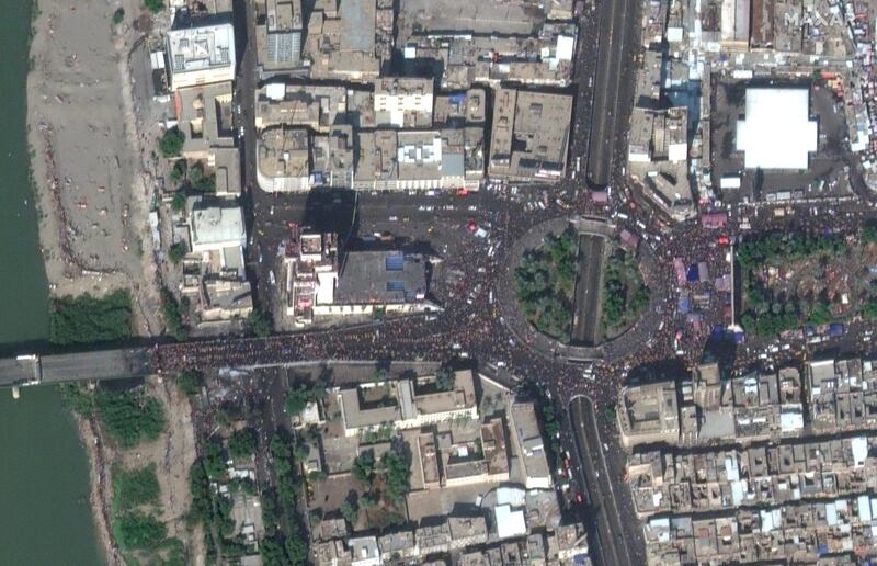 An aerial view shows protests at Tahrir Square in Baghdad, Iraq. REUTERS