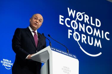 Iraq's President Barham Salih, President speaks during a plenary session during the 50th annual meeting of the World Economic Forum, WEF, in Davos, Switzerland, Wednesday, January 22, 2020. AP