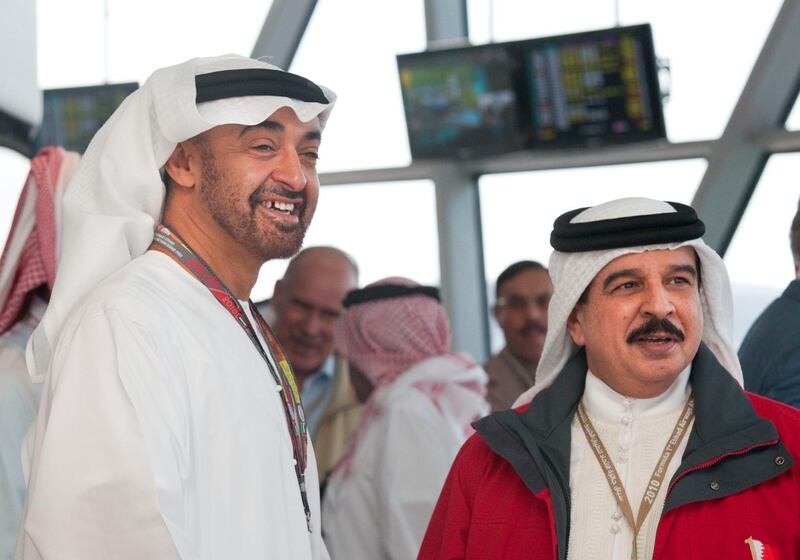 ABU DHABI, UNITED ARAB EMIRATES - November 12, 2010:  HH General Sheikh Mohamed bin Zayed Al Nahyan,  Crown Prince of Abu Dhabi Deputy Supreme Commander of the UAE Armed Forces meets with His Majesty King Hamad bin Isa Al Khalifah King of Bahrain (right)   in the Shams tower during day 1 of the 2010 Formula 1 Etihad Airways Abu Dhabi Grand Prix. ( Philip Cheung / Crown Prince Court - Abu Dhabi )
