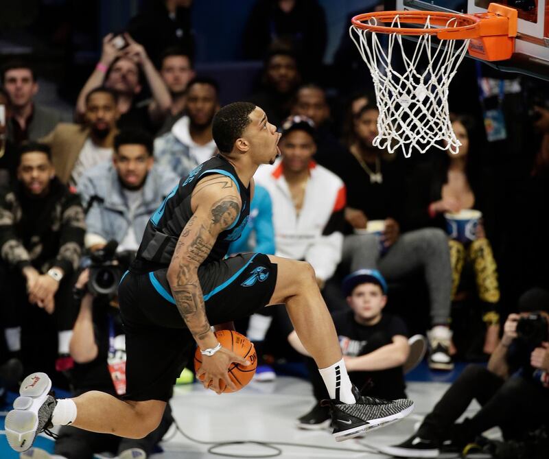 Charlotte Hornets Miles Bridges heads to the hoop during the NBA All-Star Slam Dunk contest, Saturday, Feb. 16, 2019, in Charlotte, N.C. AP Photo
